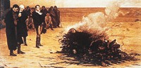 雪莱遗体在意大利海滨火化，拜伦（右）与利·亨特等人赶去致衰